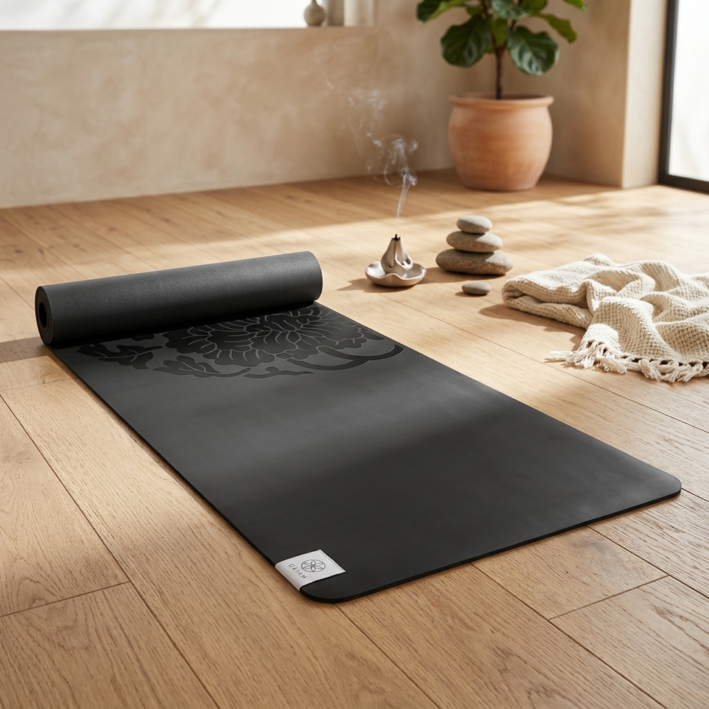 Yoga practitioner using a DevNull premium yoga mat during a studio session